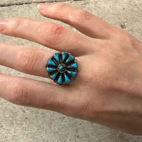 Vintage Old Pawn Sterling Petite Point Native American Ring 925 Turquoise 9.25 - Picture 1 of 9